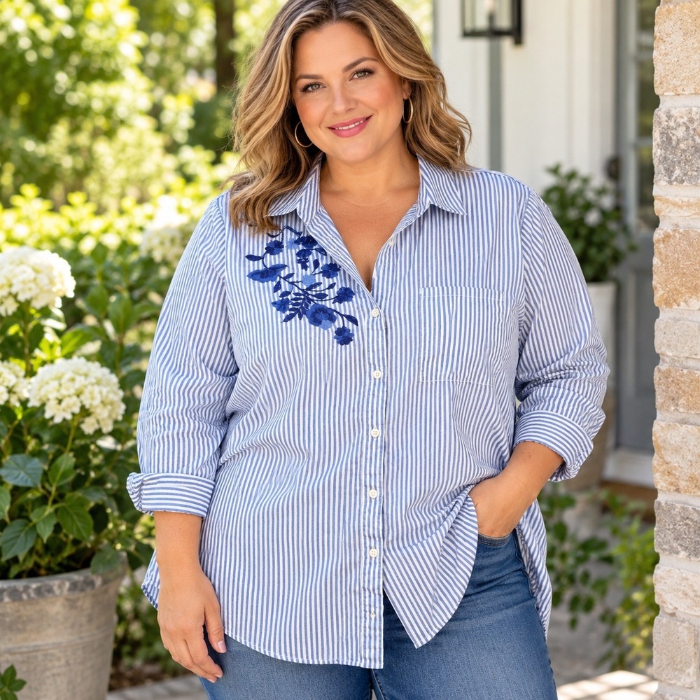 Talbots Woman 2X Blue White Striped Floral Embroidered Cotton Button Down Shirt